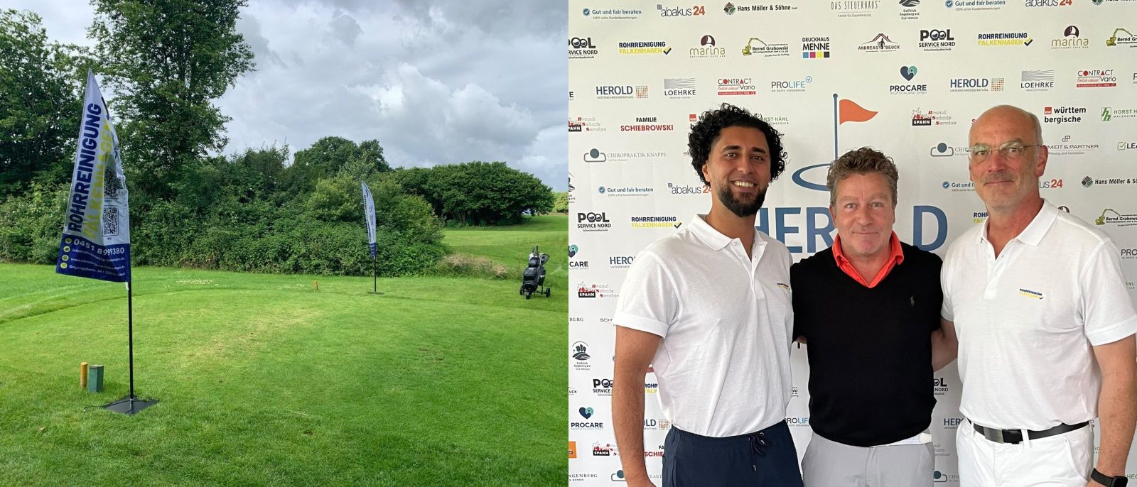 Zwei Aufnahmen vom Charity Golf Cup: Werbefahnen am Abschlag und drei Personen vor der Sponsorenwand