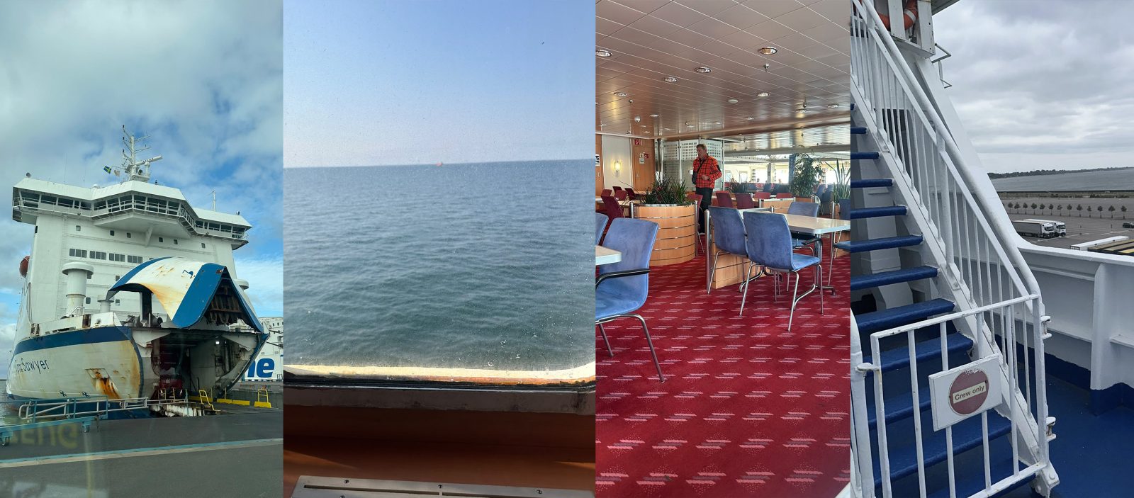 Collage aus vier Aufnahmen des Fähreneinsatzes: Schiff im Hafen, Ostsee, Bordbereich und Treppenaufgang an Deck