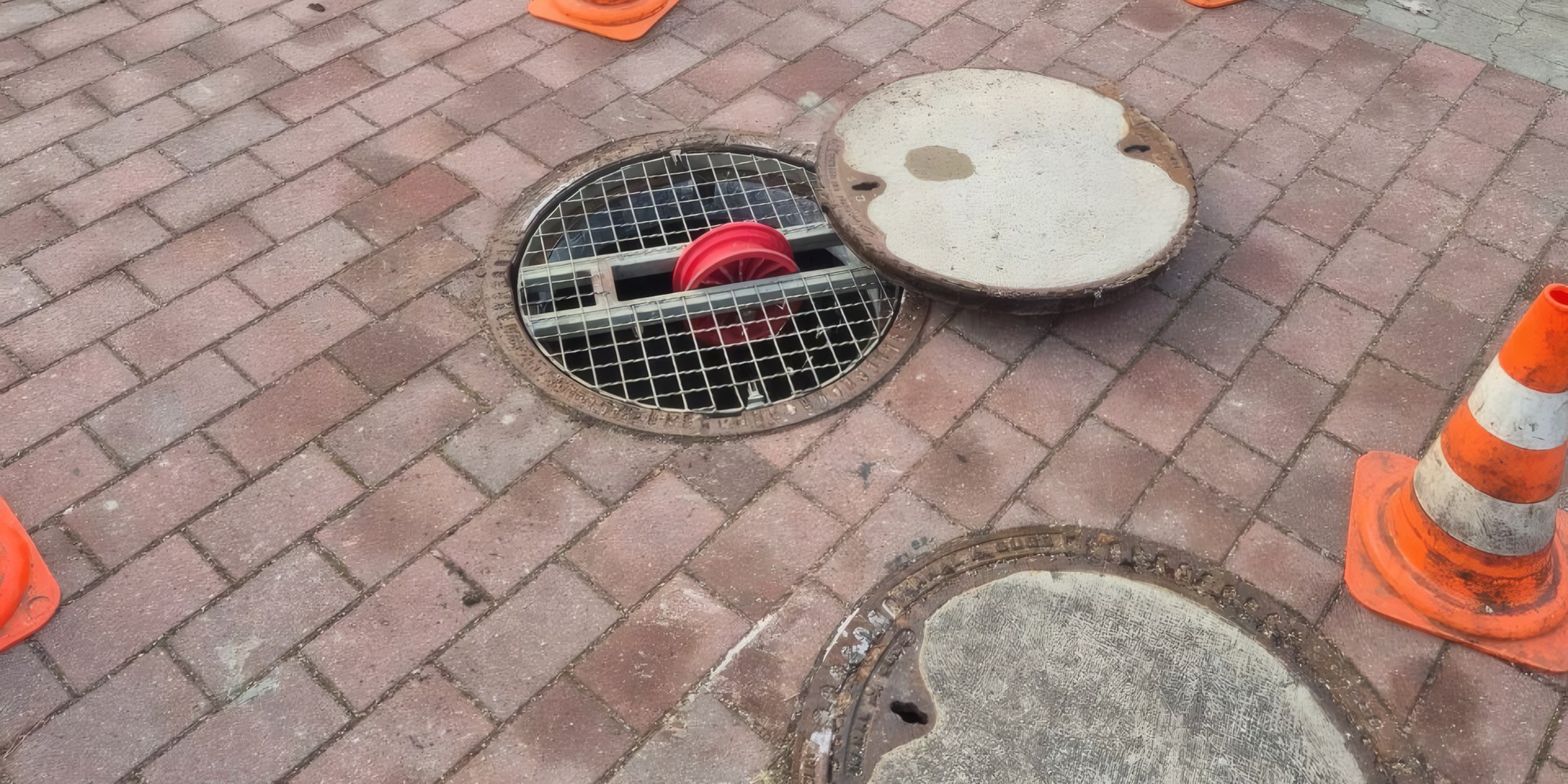 Geöffneter Schacht auf einem gepflasterten Parkplatz mit Schutzgitter und roter Umlenkrolle für den Spülschlauch, daneben der abgenommene Deckel und Pylonen