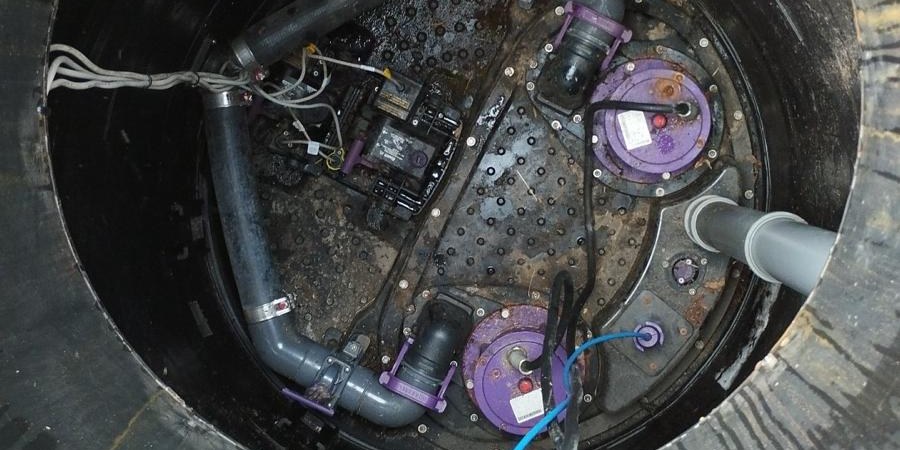 Blick von oben in einen gereinigten Pumpenschacht mit zwei Tauchpumpen, Druckleitungen und Steuerung