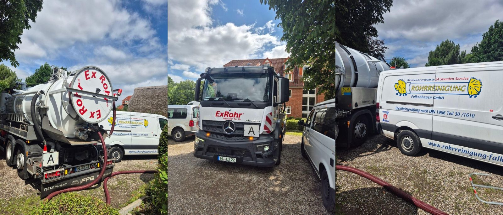 Drei Aufnahmen eines gemeinsamen Einsatzes: Saugwagen von ExRohr und Servicefahrzeug der Rohrreinigung Falkenhagen