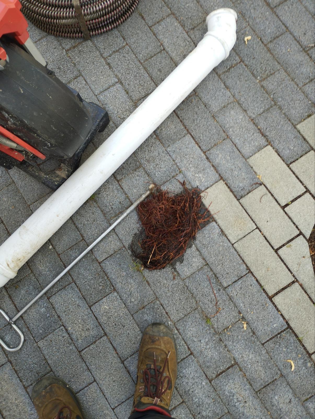 Aus einer Grundleitung entfernter Wurzelballen liegt neben Reinigungsgerät auf Pflastersteinen